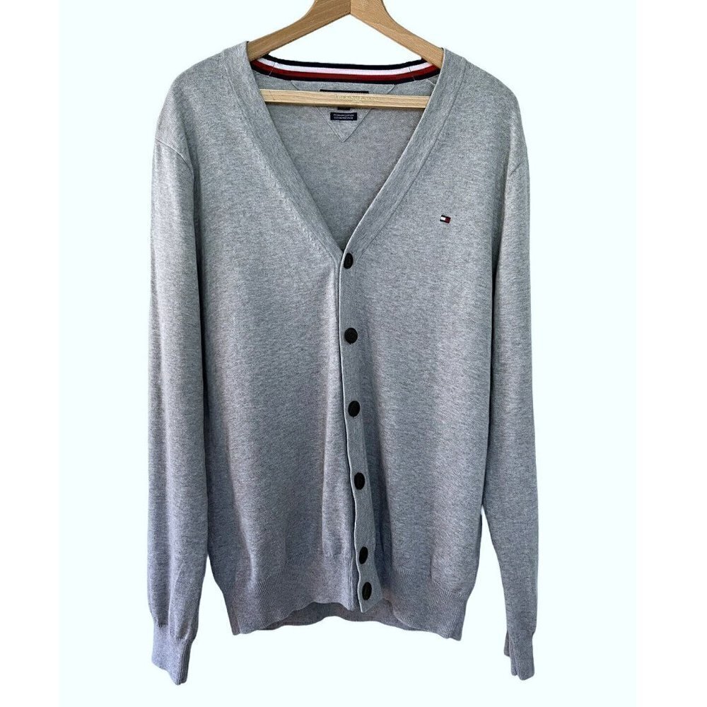 Tommy Hilfiger Men's Sz L Gray Cardigan Sweater W/ Red White & Blue Lining